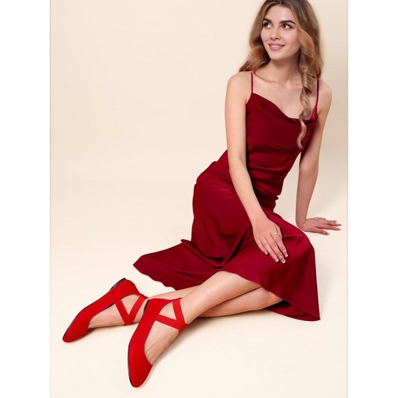 Dream Pairs Women Red Faux Suede Flats Comfortable Elastic Ankle Straps Shoes - Picture 8 of 8